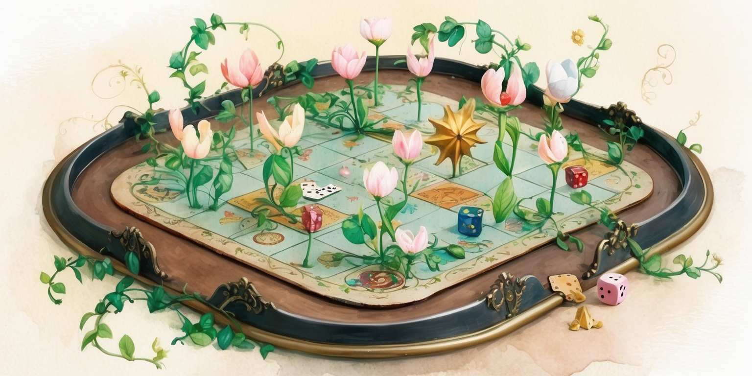 A whimsical illustration of a fantastical garden blooming out of a vintage-style board game, with a worn, wooden game board serving as the garden bed, surrounded by ornate, curved metal edges and adorned with intricate, hand-painted florals. Delicate, pastel-hued flowers with petals shaped like game pieces, such as tokens, cards, and dice, sprout from the board, intertwined with lush, emerald-green vines and leaves. A few, strategically placed game pieces, like a tiny, golden sun symbol and a delicate, crystal-game piece, serve as garden decorations, adding a touch of magic to the scene. The entire composition is set against a soft, creamy background, with gentle, warm lighting, and subtle, watercolor-inspired textures, evoking a sense of nostalgia and wonder.