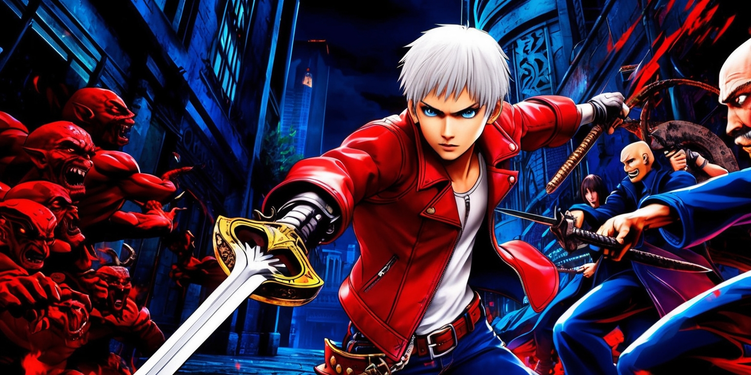 A vibrant and dynamic scene from the Devil May Cry animated series, featuring the main character Dante, a young man with short white hair and piercing blue eyes, wearing his iconic red leather jacket and wielding his powerful sword Rebellion, set against a dark and gritty urban backdrop with a mix of Gothic and modern architecture, with bold lines and exaggerated character designs, incorporating a bold color palette with deep blues and reds, and dramatic lighting effects, with a focus on action and intense combat, showcasing Dante's athletic build and agile movements as he takes on a group of demonic enemies, with intricate details on the characters and environment, and a sense of fast-paced energy and motion.