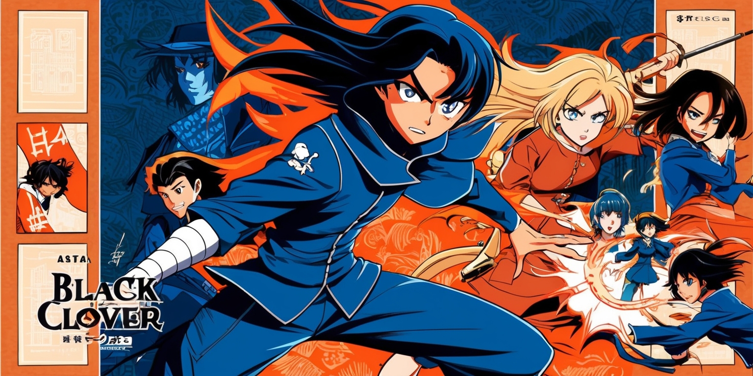 A vibrant, dynamic illustration inspired by the Black Clover anime series, featuring a bold, expressive character design with intricate details, set against a richly textured background with subtle anime-inspired patterning, showcasing a dramatic, action-packed scene with Asta and other key characters from the series, rendered in a blend of deep blues and fiery oranges, with bold lines, striking poses, and intense emotional expressions, including Asta's determined gaze, Yuno's calm confidence, and Mimosa's sweet innocence, framed by subtle manga-style panel borders, with Japanese-inspired typography and ornate, curved motifs.