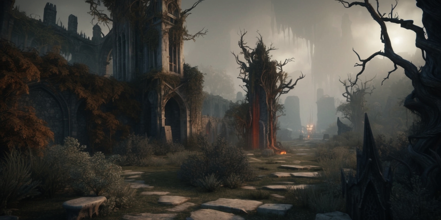 A sweeping landscape of a dark, gothic fantasy world, set in a medieval-inspired environment, with crumbling architecture and overgrown vegetation, evoking a sense of foreboding and desolation, characteristic of the Path of Exile 2 game, with a mix of muted earth tones, such as olive greens, rusty reds, and weathered stone grays, and occasional flashes of eerie, otherworldly lighting, perhaps from flickering torches or malevolent magical energies, with twisted, gnarled trees looming in the background, their branches like skeletal fingers, and in the distance, a faint, ominous glow, hinting at the dark forces that lurk in this forsaken land, with subtle mist or fog effects to enhance the sense of mystery and unease.