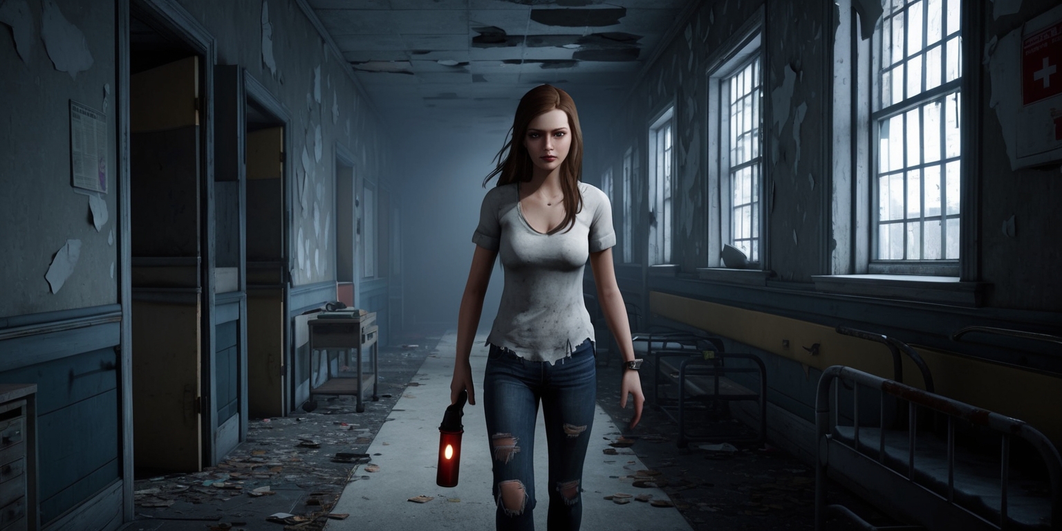 A dark and ominous scene from a survival horror game, set in a creepy abandoned asylum with peeling walls, flickering fluorescent lights, and shattered windows, featuring a lone protagonist, a young woman with a determined expression, pale skin, and long brown hair, wearing a torn white shirt and ripped jeans, holding a flashlight in one hand and a first aid kit in the other, as she navigates through a narrow corridor lined with old hospital equipment and doors with rusty hinges, with a sense of fear and tension in the air, and a hint of fog and mist lingering in the background, in a style reminiscent of classic horror games with a mix of realistic and stylized graphics, and a color palette dominated by shades of gray, blue, and red, with bold lines and dramatic lighting.