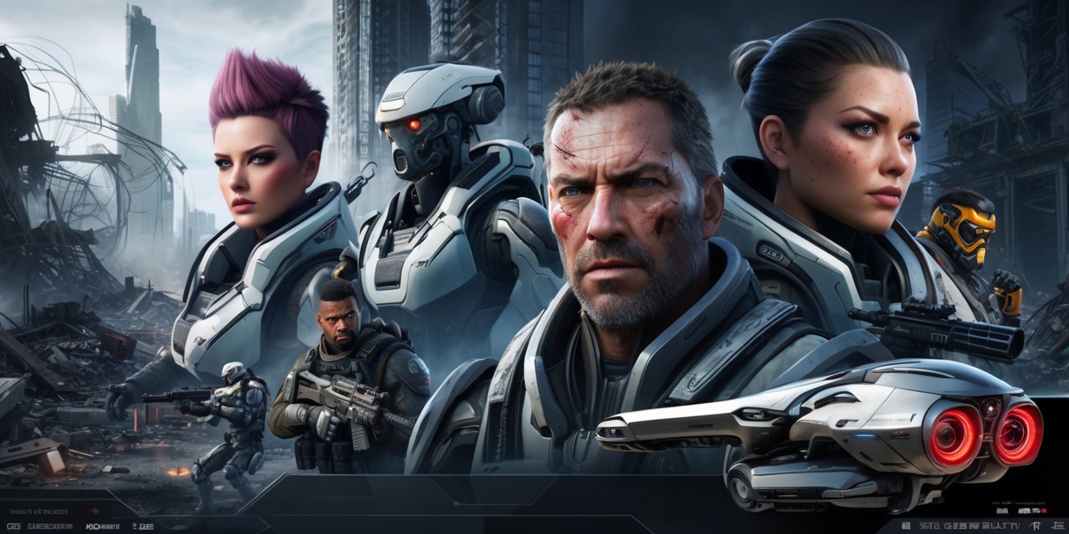 A futuristic and immersive next-generation warfare game scene with sleek, high-tech military equipment, advanced robotic drones, and heavily armed soldiers in cutting-edge exosuits, set against a backdrop of a devastated, dystopian urban landscape with shattered skyscrapers, rubble-filled streets, and a dark, ominous atmosphere, featuring a diverse group of characters with unique facial features, varying skin tones, and distinctive attributes, such as a female commander with short, spiky hair and piercing blue eyes, a male sniper with a rugged, weathered complexion and a scar above his left eyebrow, and a robotic drone with a metallic, silver body and glowing red optics, with a focus on dynamic lighting, vibrant colors, and intricate details, including realistic textures, sharp lines, and dramatic shading, and incorporating sleek, futuristic user interface elements, such as holographic displays, tactical maps, and data streams, in a visually stunning, action-packed composition.